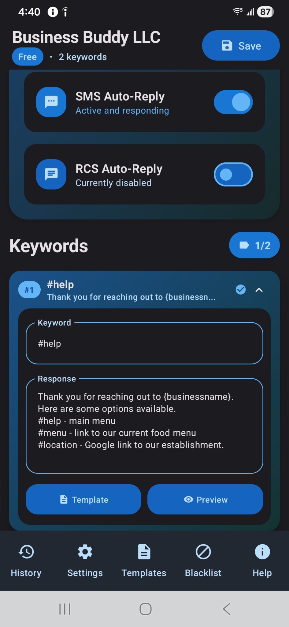 Business Buddy keyword configuration
