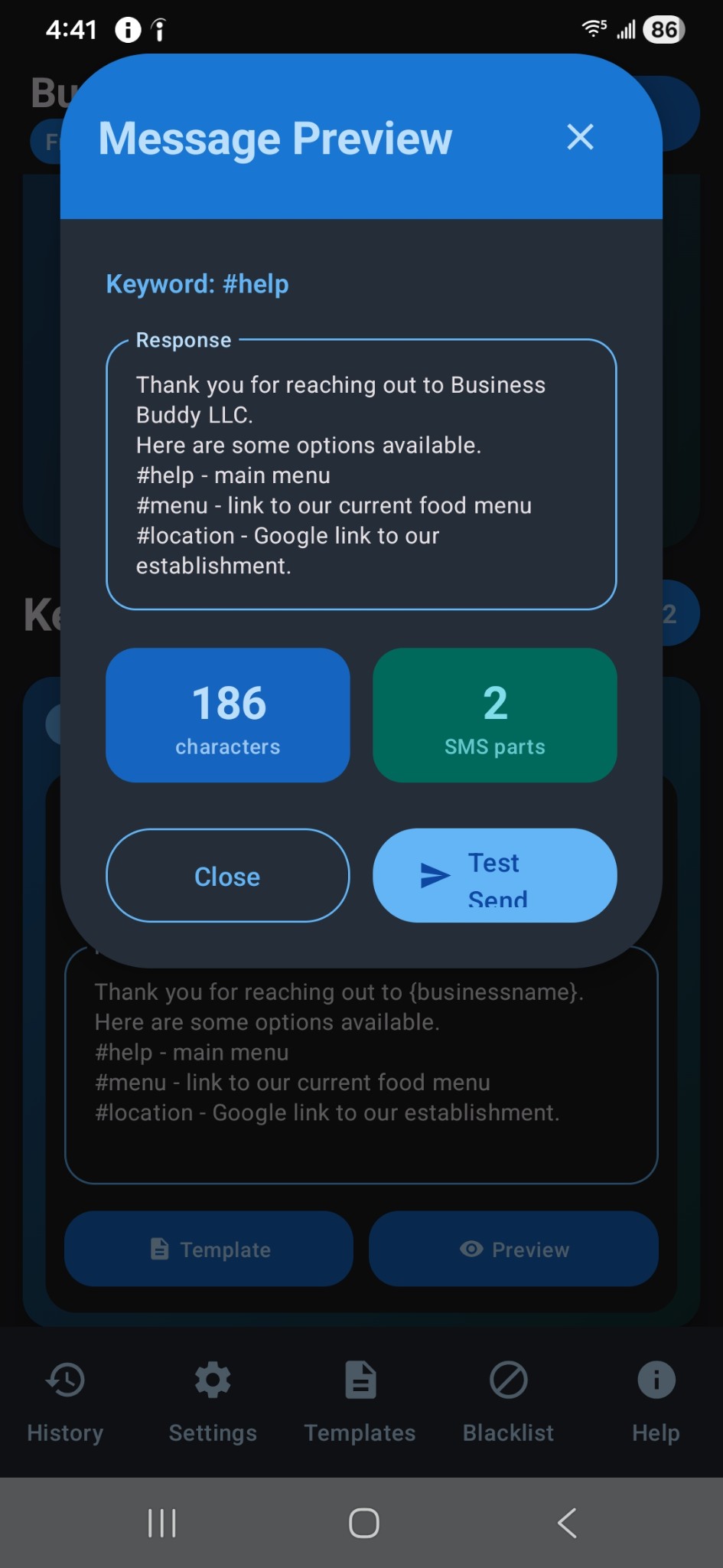 Business Buddy message preview